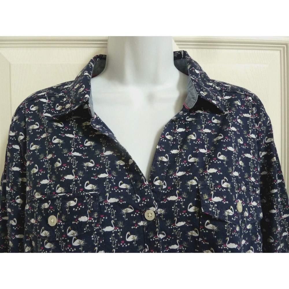 Croft & Barrow XL Blue Swan Print Roll-Tab Sleeve Button Down Blouse Shirt